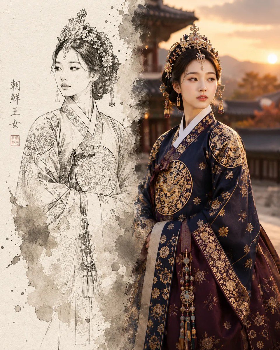 创作一幅分屏构图。左侧:朝鲜王朝时期一位优雅的韩国女性的墨线素描,她身着美丽的韩服,头戴花饰发簪。右侧:同一女性出现在夕阳下的传统朝鲜村落中,是一幅超写实肖像。从素描到现实的过渡…