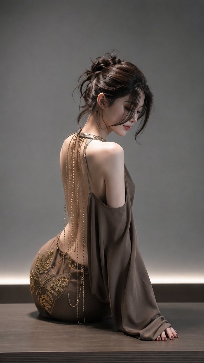 写实竖幅豪华时尚写真人像，沉郁极简棚拍场景。成年东亚女性，21岁以上，坐于深色木质平台上，身体背向镜头，头部轻柔从肩膀回转呈柔和侧面轮廓。略偏右，从赤脚至头顶取景。优雅坐姿：一腿…