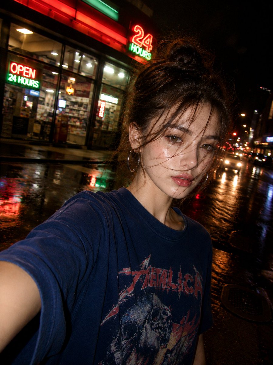 使用 GPT image 2.0 在 ChatGPT 上创建 提示词:创建一张超写实的夜间街头自拍照,照片中一位美丽的年轻东亚女性站在一条被雨水浸透的城市人行道上,身后是一家灯火…