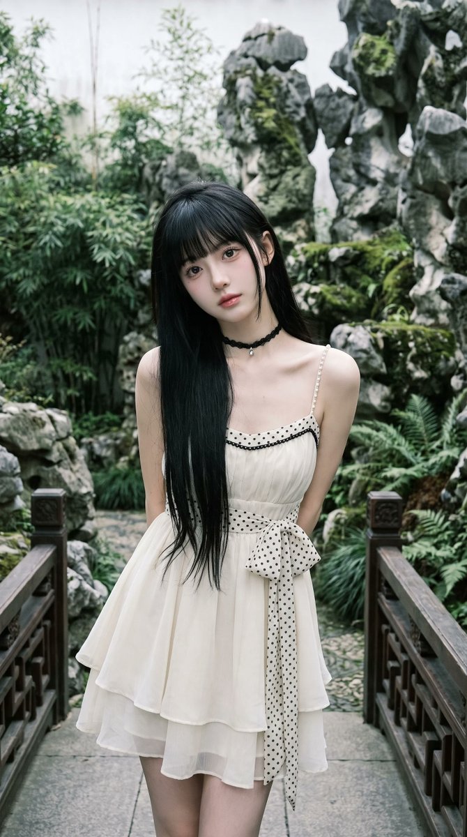 超写实电影感人像摄影：一位空灵飘逸的年轻东亚女性，静静伫立于传统中式古典园林之中，四周环绕着高耸的太湖石（文人石）、繁茂绿植、翠竹、苔藓覆盖的奇石与雅致的黑色…