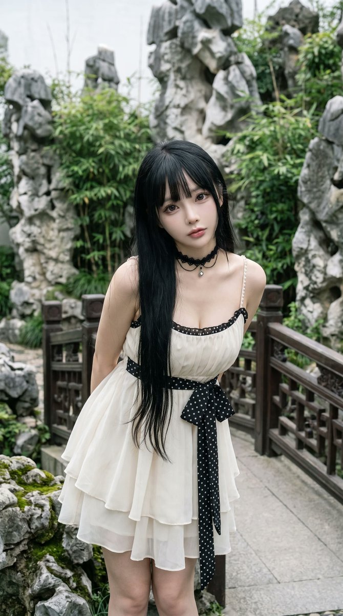 超写实电影感人像摄影:一位空灵飘逸的年轻东亚女性,静静伫立于传统中式古典园林之中,四周环绕着高耸的太湖石(文人石)、繁茂绿植、翠竹、苔藓覆盖的奇石与雅致的黑色木栏杆。 她拥有极长…