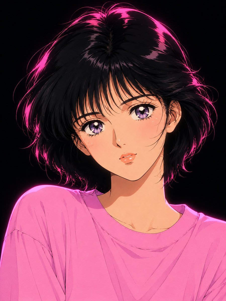创作一幅极致精细的复古日系动漫肖像，灵感源自1980年代末至1990年代初真实的少女漫画赛璐珞（cel）动画风格。描绘一位优雅的年轻女性，拥有莹润透亮的瓷白肌…