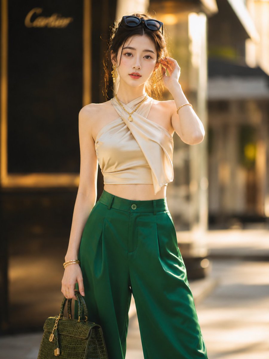 一位美得不可思议的年轻韩国女演员，被远距离长焦镜头以抓拍方式捕捉到，自然地回眸一瞥，流露出毫不费力的自信神态，姿态放松又不失时尚感，一只手提着精致的名牌手袋…