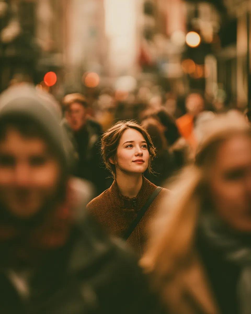 一位女士在熙熙攘攘的人群中平静地走着,周围所有人都在移动并略显模糊。她向侧面并略微向上看去,神情平静、中性,也许带着一丝非常细微、含蓄的微笑。场景发生在一条街道上,可以看到建筑物…