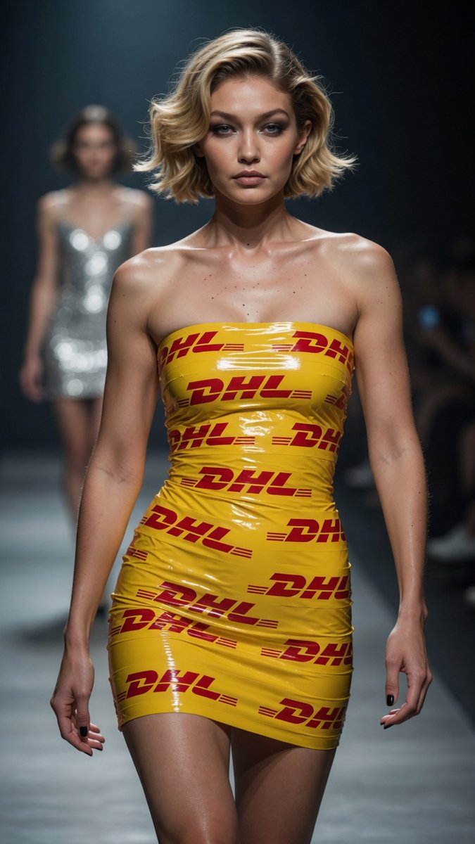 超写实时装秀场照片，吉吉·哈迪德 (Gigi Hadid) 在光线昏暗的秀场上自信地走秀，身着一件完全由光泽明亮的黄色 DHL 快递胶带紧贴身体缠绕而成的紧身…
