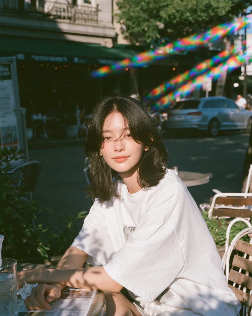温暖阳光下的胶片人像，年轻女性放松地坐在小咖啡馆露台桌旁沐浴在明亮的金色午后阳光下，目光平静柔和、双眼睁开，身穿超大号白色T恤，身后是清晰可辨的户外街景，场景明亮通透，一束棱镜般…
