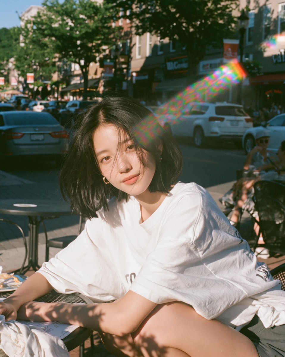 温暖阳光下的胶片人像，年轻女性放松地坐在小咖啡馆露台桌旁沐浴在明亮的金色午后阳光下，目光平静柔和、双眼睁开，身穿超大号白色T恤，身后是清晰可辨的户外街景，场景明亮通透，一束棱镜般…