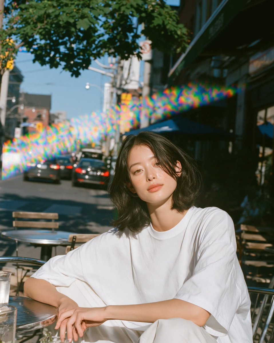 温暖阳光下的胶片人像，年轻女性放松地坐在小咖啡馆露台桌旁沐浴在明亮的金色午后阳光下，目光平静柔和、双眼睁开，身穿超大号白色T恤，身后是清晰可辨的户外街景，场景明亮通透，一束棱镜般…