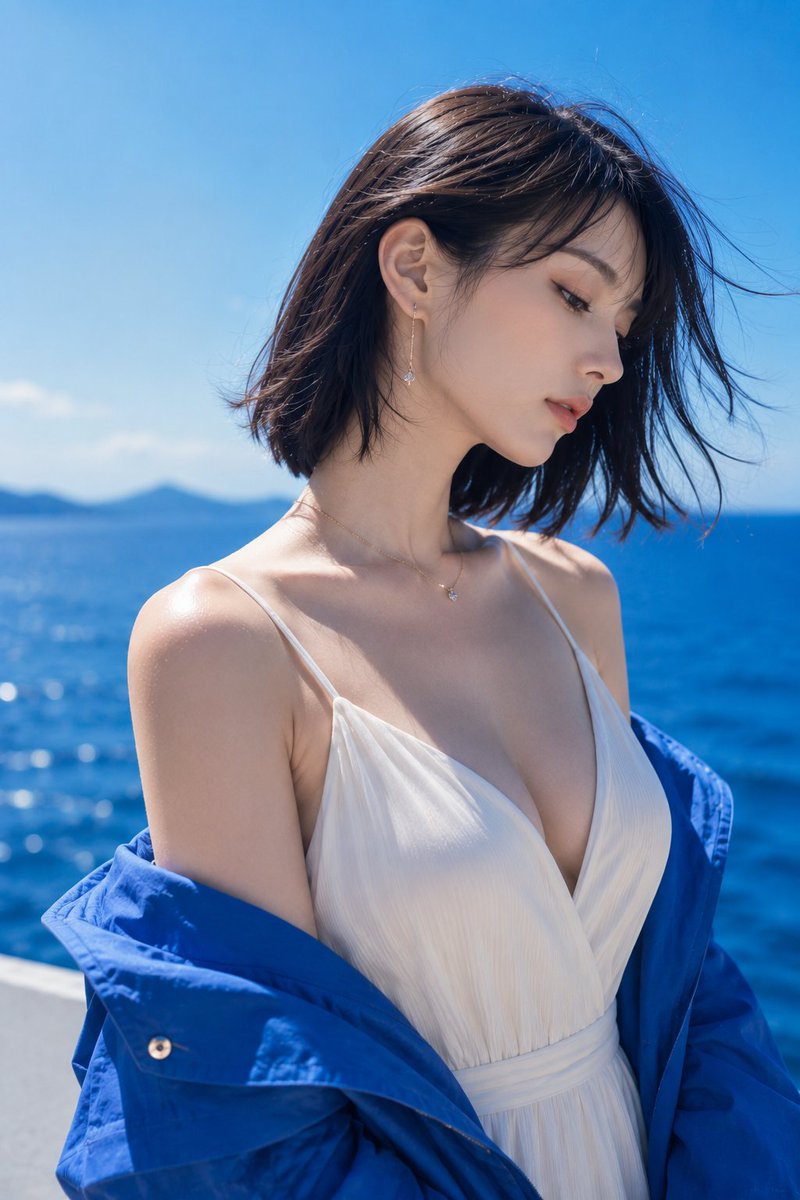 主题： 披着蓝色的侧脸 主体： 一位成年女性独自站在晴朗的海边。人物置于画面中央略偏左，纵向 2:3 的时尚肖像，从胸前到头顶取景。鲜艳的蓝色外套松松地搭在双肩，让白色 V 领服…