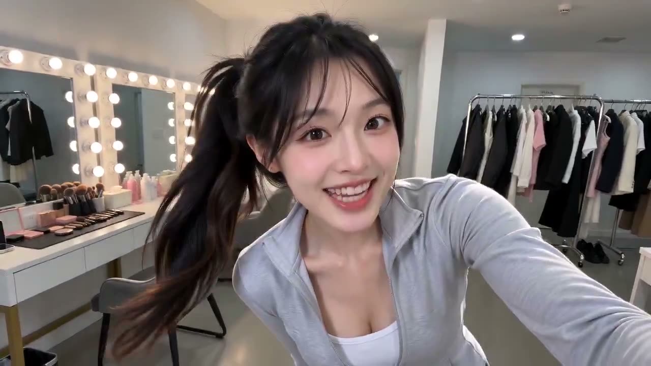 MV拍摄片场的时尚偶像化妆间，正午时分。一位开朗的韩国女偶像（@ image）全程用手机拍摄一支有趣、高能量的幕后《偶像变装挑战》vlog，运用动感的手持自拍…