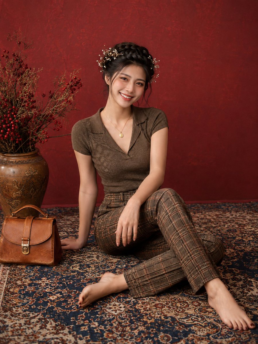 影棚优雅时尚人像写真：一位年轻女性面带温暖真诚的笑容，舒适地端坐在一块图案精美的波斯地毯上，地毯以深蓝与象牙白为主色调，背景为带有肌理的酒红色墙面。她身穿一件…
