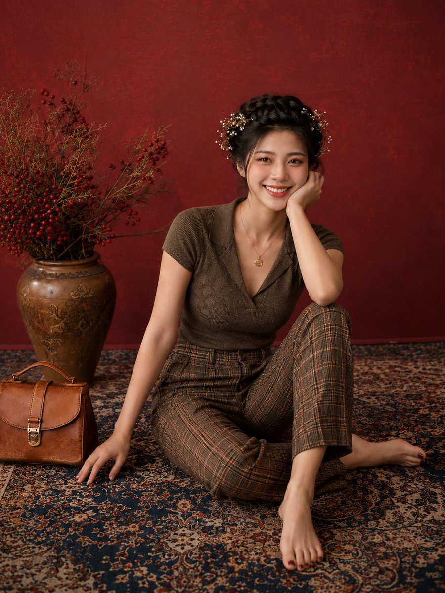 影棚优雅时尚人像写真：一位年轻女性面带温暖真诚的笑容，舒适地端坐在一块图案精美的波斯地毯上，地毯以深蓝与象牙白为主色调，背景为带有肌理的酒红色墙面。她身穿一件合身的橄榄棕短袖针织…