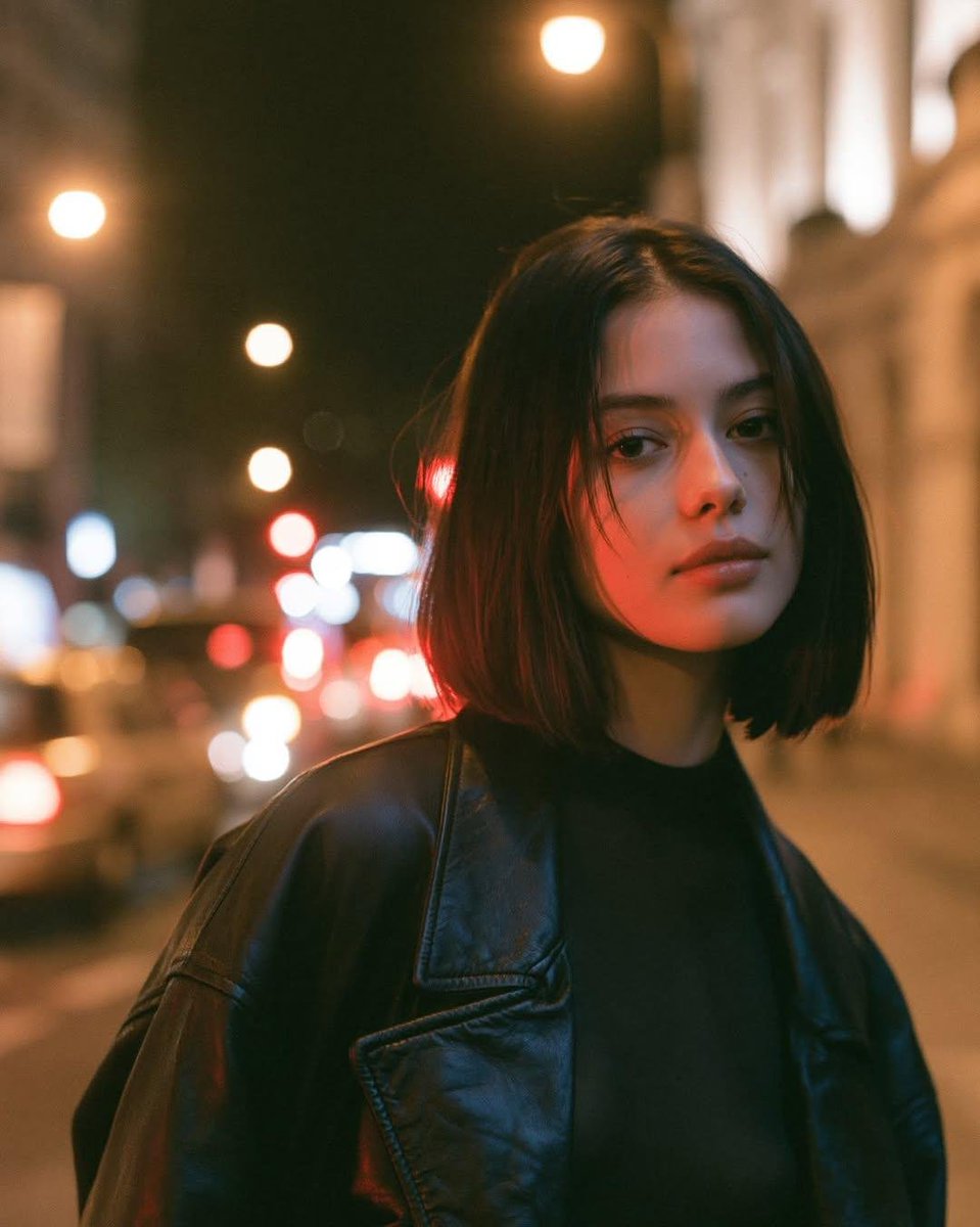 电影感夜间人像摄影，写实风格：一位年轻女子伫立在城市街道上，温暖的路灯柔和地照亮她，一侧脸颊映着微妙的红色霓虹溢光。她留着顺滑的齐肩深棕色波波头，五官自然精致，身穿黑色皮夹克搭配…