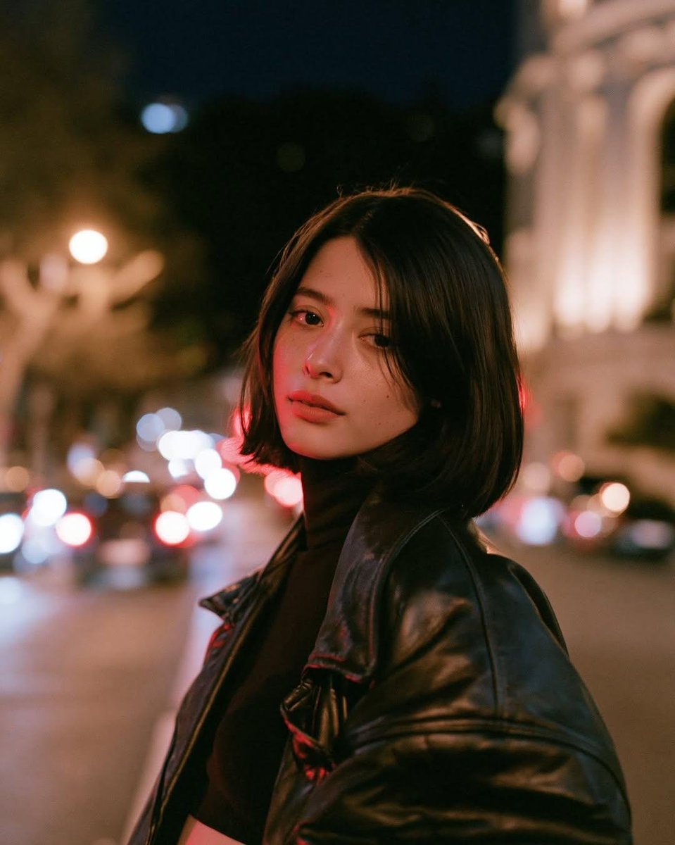 电影感夜间人像摄影，写实风格：一位年轻女子伫立在城市街道上，温暖的路灯柔和地照亮她，一侧脸颊映着微妙的红色霓虹溢光。她留着顺滑的齐肩深棕色波波头，五官自然精致，身穿黑色皮夹克搭配…