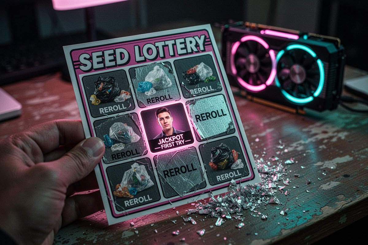 夜间,一张特写微距镜头下,一只手拿着一张标题为“SEED LOTTERY”(种子彩票)的光滑刮刮乐彩票,悬于一张磨损的木质桌面之上。彩票上有一个 3x3 的刮奖格子——大多数已被…