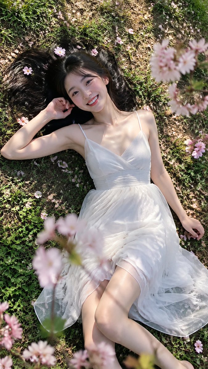 主体：[成年东亚女性 / 期望外观] 服装：[白色薄纱吊带裙 / 其他服装] 场景：[樱花草坪 / 花海 / 公园] 氛围：[明亮、年轻、放松] 宽高比：[9:16] 创作一幅高…