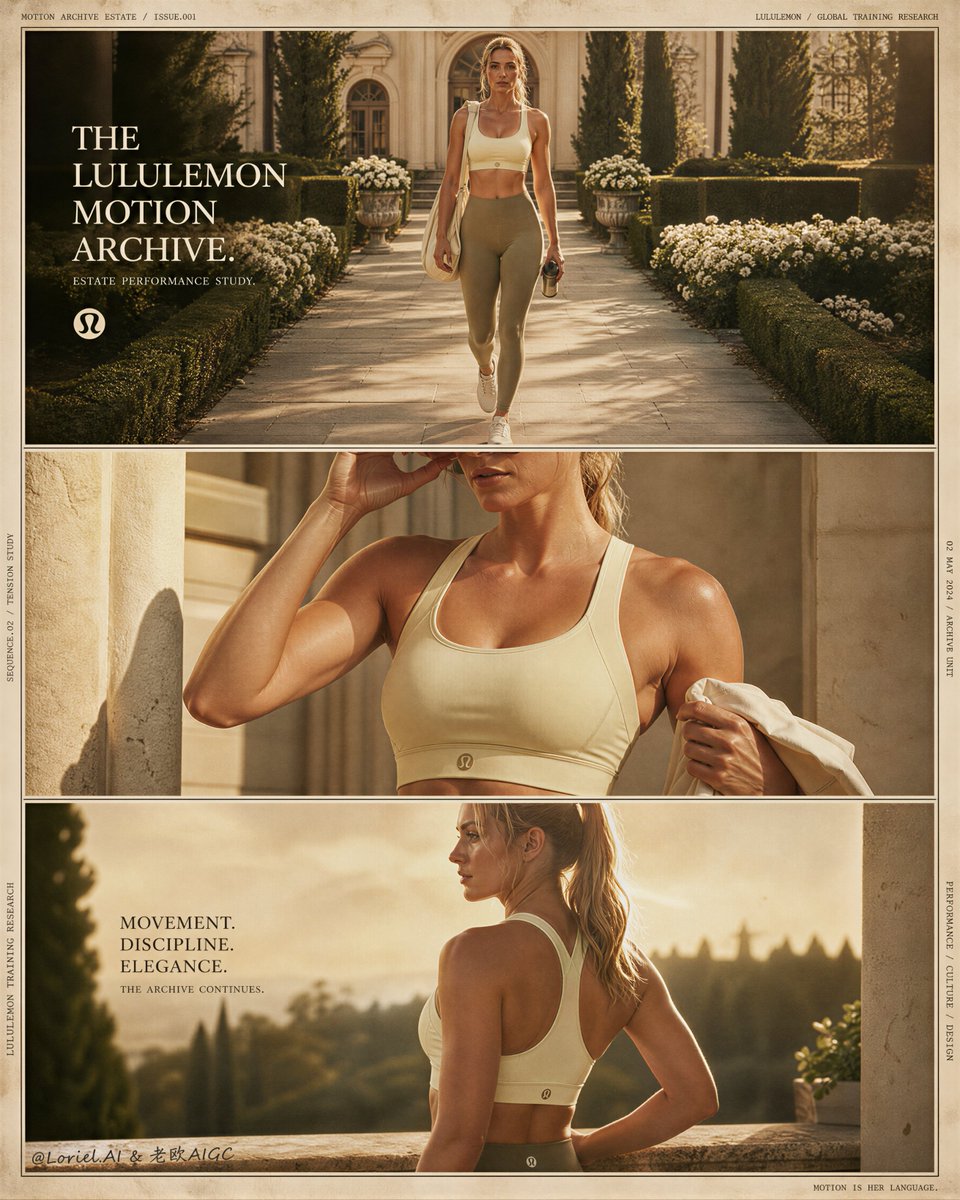 为Lululemon运动内衣创作一张超高端的三联幅编辑式宣传海报,以"动态档案庄园"(Motion Archive Estate)为概念的奢华运动时尚视觉作品。整体构图必须采用锁…