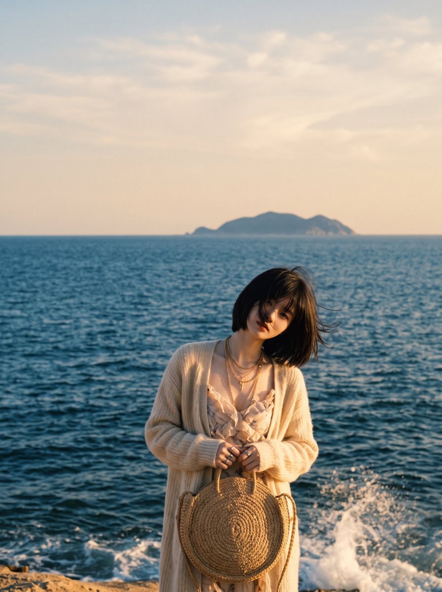 东亚年轻女性审美生活方式肖像，齐刘海黑色短发波波头，强烈的海风戏剧性地将所有头发吹过面部完全遮住眼睛，营造神秘的无脸美学，嘴唇和鼻子透过被风吹起的发丝若隐若现…
