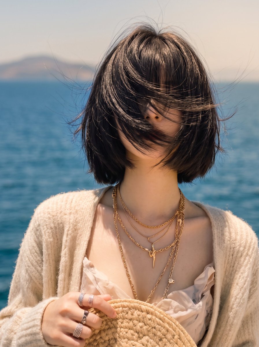 东亚年轻女性审美生活方式肖像,齐刘海黑色短发波波头,强烈的海风戏剧性地将所有头发吹过面部完全遮住眼睛,营造神秘的无脸美学,嘴唇和鼻子透过被风吹起的发丝若隐若现,身穿超大柔软米色针…