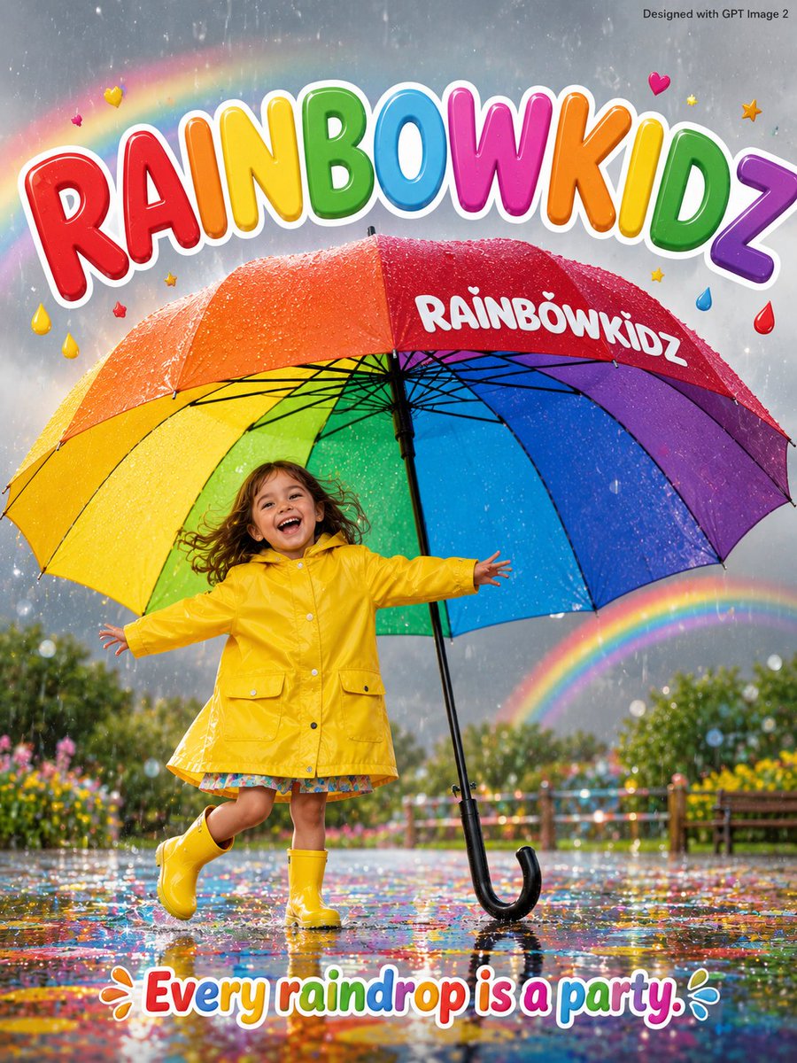 GPT image 2 on ChatGPT Prompt - 一张欢乐雨天的儿童广告海报。一个六岁、穿着亮黄色雨靴和配套黄色雨衣的开心小女孩,在一把高度是她…