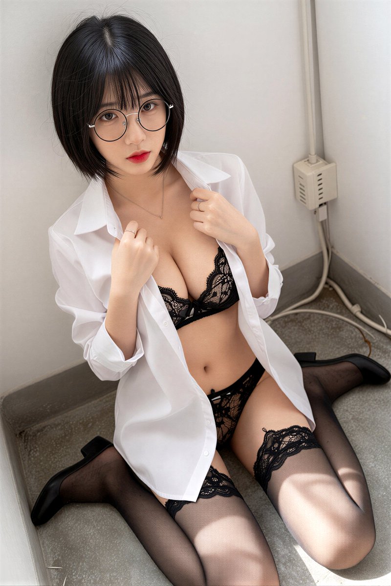 主体： 20岁冷淡知性东亚年轻女孩，整齐的齐下巴黑色波波短发，稀薄轻盈的空气刘海，柔和圆润的鹅蛋脸，细圆金属框眼镜，哑光红唇，清淡干净的裸妆，半透明冷白细腻皮肤，比例匀称的曲线身…