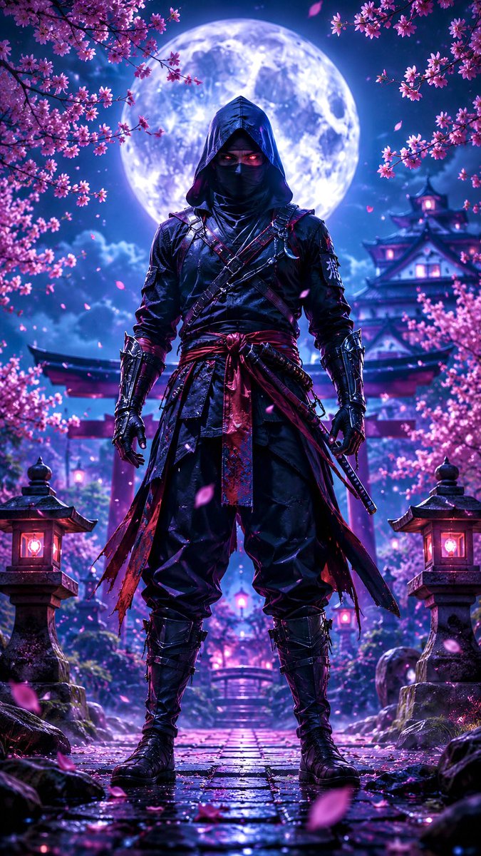 一名神秘蒙面忍者自信地站立在宁静日本庭园中的一轮巨大满月之下，被盛开的樱花枝环绕，粉色花瓣飘落飘逝。身着黑色战术忍服，配有分层绑带、金属前臂护甲、面罩， gl…