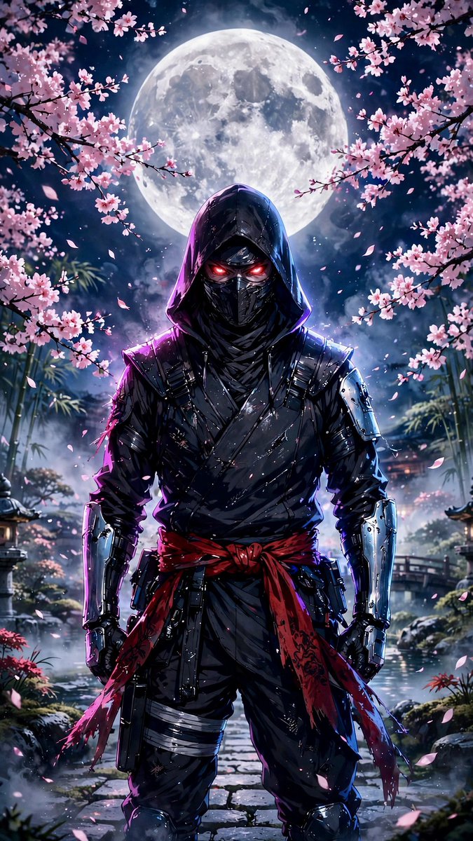 一名神秘蒙面忍者自信地站立在宁静日本庭园中的一轮巨大满月之下，被盛开的樱花枝环绕，粉色花瓣飘落飘逝。身着黑色战术忍服，配有分层绑带、金属前臂护甲、面罩， glowing 深红色眼…