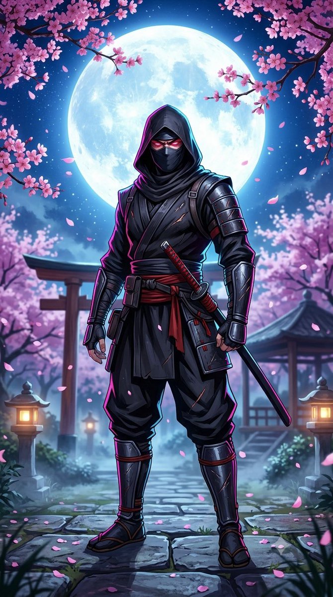 一名神秘蒙面忍者自信地站立在宁静日本庭园中的一轮巨大满月之下，被盛开的樱花枝环绕，粉色花瓣飘落飘逝。身着黑色战术忍服，配有分层绑带、金属前臂护甲、面罩， glowing 深红色眼…