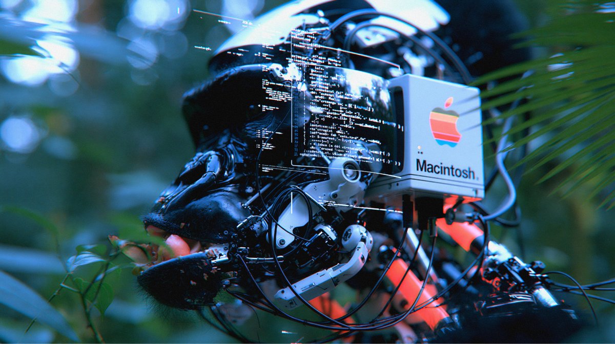远距离长焦机甲猩猩面部特写,复古1980年代"Macintosh"苹果品牌标识,角落里褪色复古全彩色谱线苹果logo,进食中,分层构图,高ISO速度视觉,机甲猩猩面部锐利对焦柔和…