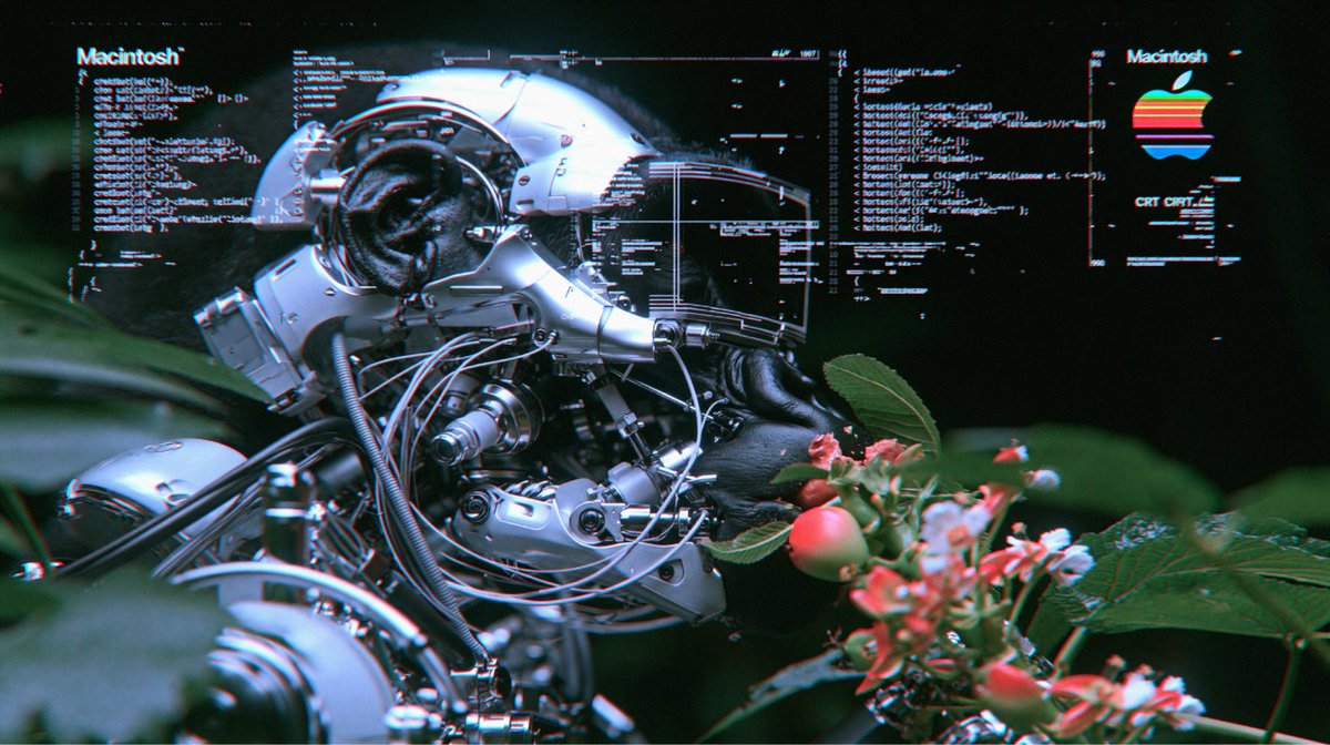 远距离长焦机甲猩猩面部特写,复古1980年代"Macintosh"苹果品牌标识,角落里褪色复古全彩色谱线苹果logo,进食中,分层构图,高ISO速度视觉,机甲猩猩面部锐利对焦柔和…