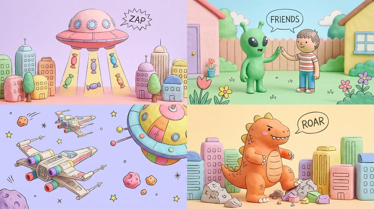 2x2 网格,16:9,以此风格为外星好莱坞电影执行此操作 = { <candy_sketch_pop_world> MEDIUM(媒介):糖果色黏土立体模型…