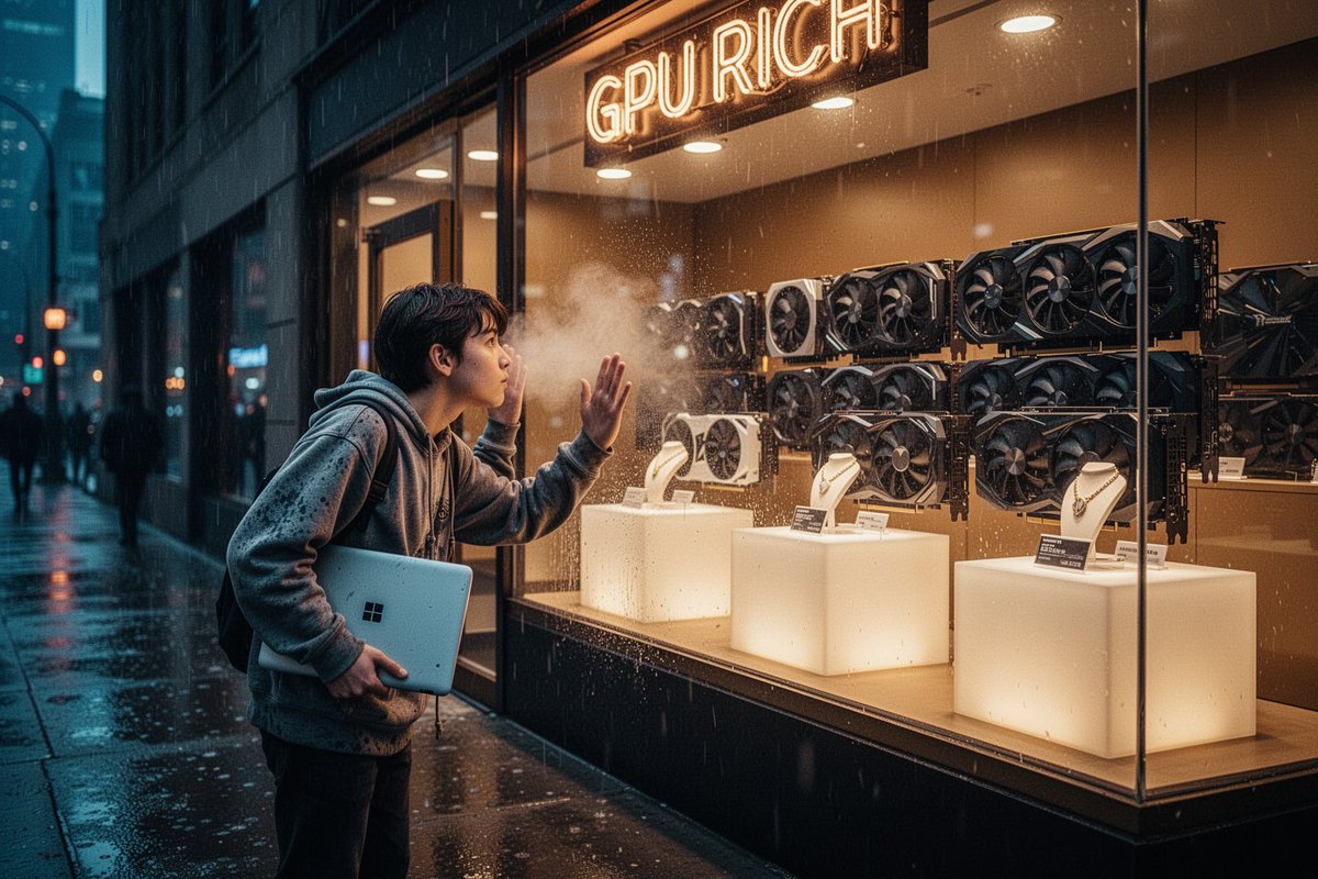 夜晚雨中的城市人行道,潮湿路面上泛着冷蓝色倒影。一个穿着破旧连帽衫的年轻人将脸和手贴在大型玻璃店橱窗上,渴望地望向店内,呼吸在玻璃上起了雾。温暖金色调的展厅内,一排排巨大的三风扇…