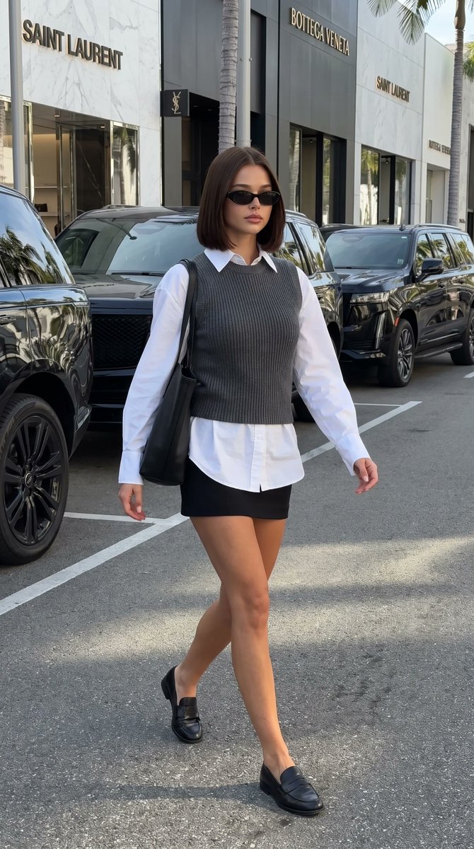 一张超写实的时尚编辑街拍风格照片，画面中一位美丽的年轻女子自信地走在阳光明媚的高端购物街区，散发着毫不费力的"模特下班"优雅气质。 她拥有自然晒黑的光滑肌肤…