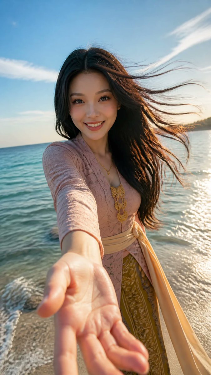 9:16 竖版写实夏季 POV 人像。 一位年轻、成熟的东亚女性，年龄 20–25 岁，美丽自然，笑容明亮灿烂，神情欢快，双眸闪耀，带着柔和而妩媚的凝视，完全参照我推荐的照片…