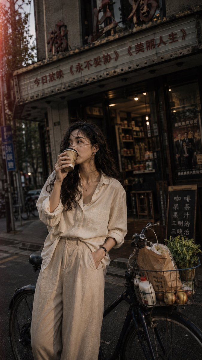 在一条安静的街角快速抓拍的一张快照,看起来像是有人叫了她的名字,她走路中途转过身来。一位二十出头年轻中国女子站在一辆深蓝色自行车旁,身体半转着,一只手搭在自行车座上,另一只手拿着…