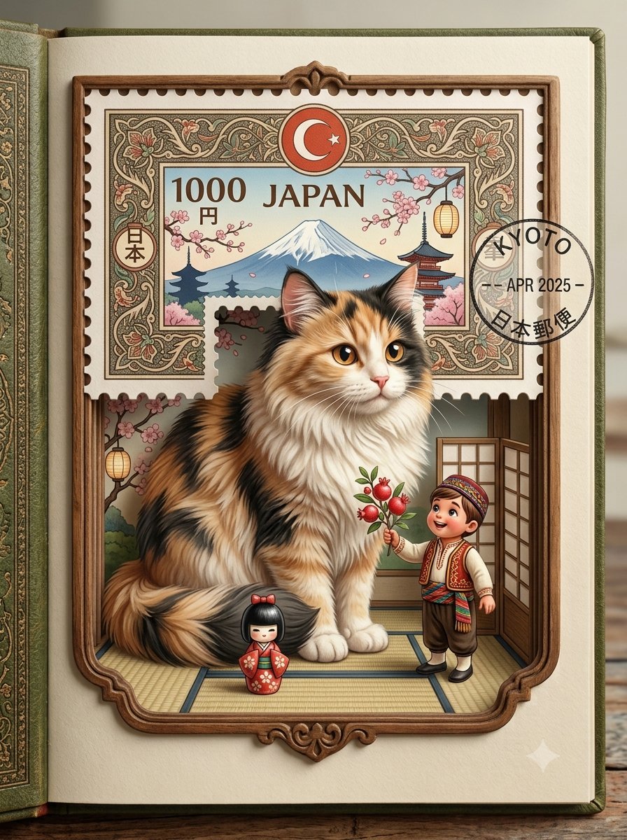超精细的 3D 插画：一只巨大的可爱 [ANIMAL] 从一张复古的 [COUNTRY] 邮票中破封而出，正与一个身穿传统 [COUNTRY] 服饰的小小孩童…
