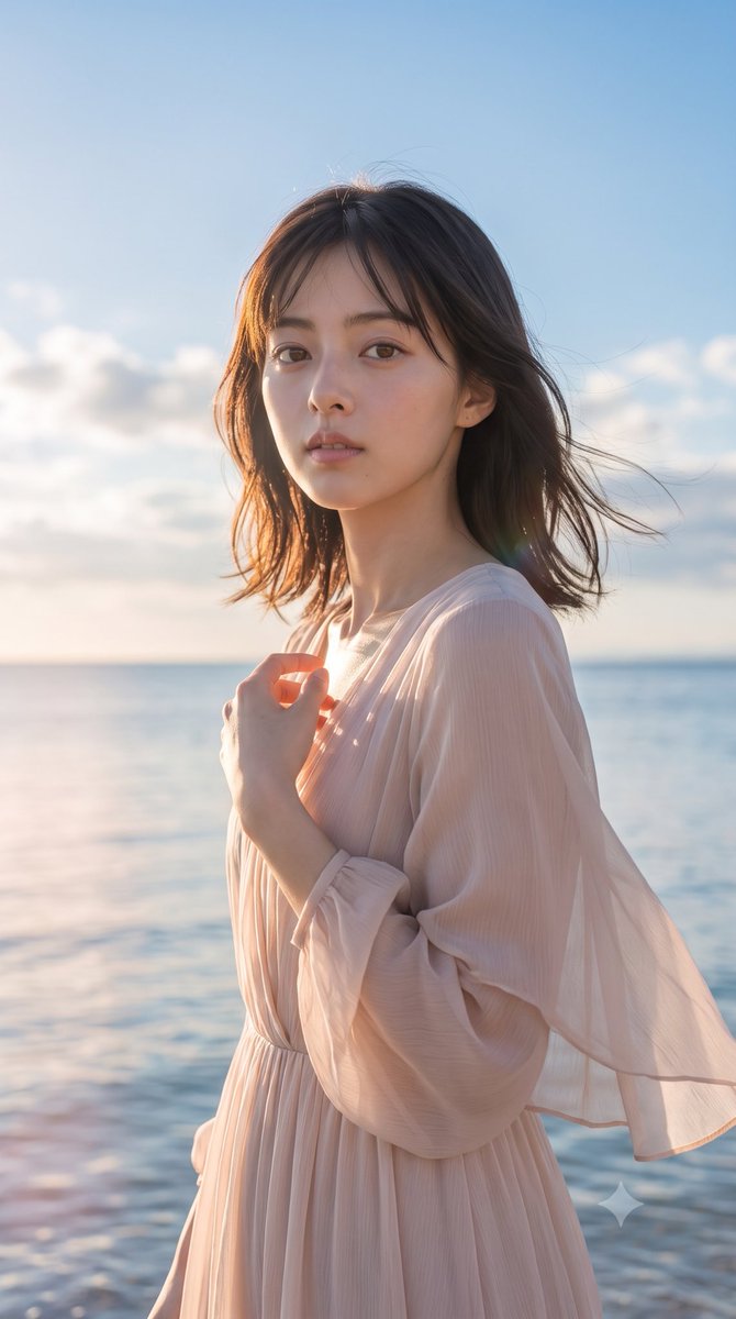 ChatGPT + Gemini + Midjourney + Grok 提示词：一幅宁静的仲夏海岸人像，描绘一位年轻的日本女性，身着飘逸的淡腮红粉色长裙，静静地伫立在海边，她的…
