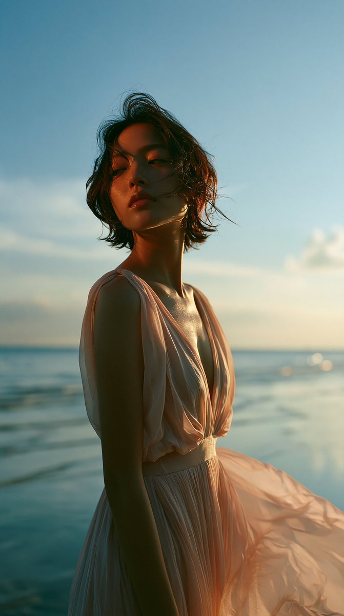ChatGPT + Gemini + Midjourney + Grok 提示词：一幅宁静的仲夏海岸人像，描绘一位年轻的日本女性，身着飘逸的淡腮红粉色长裙，静静地伫立在海边，她的…