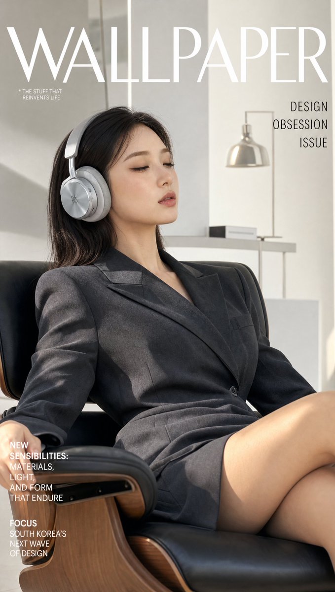 超写实设计杂志封面:一位姿态从容的韩国女性,身着剪裁考究的炭灰色结构感西装连衣裙,斜倚在设计师款伊姆斯椅上,佩戴 Bang & Olufsen Beoplay…