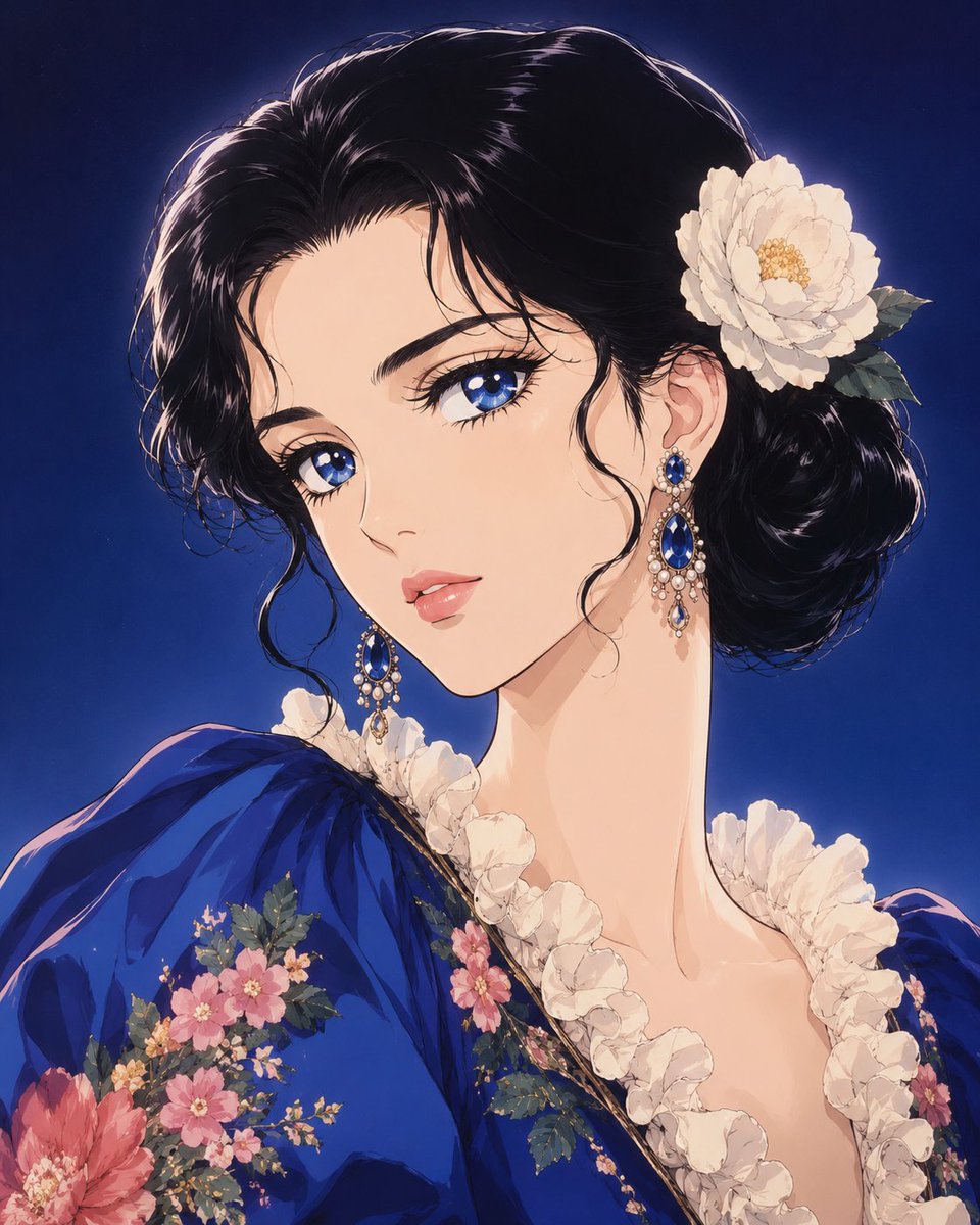 创作一幅极致精致的奢华动漫美妆肖像，灵感源自1980年代末至1990年代初日本正统少女漫画赛璐珞动画，并融合现代高定时装编辑大片风格。描绘一位优雅的年轻女性，拥有光洁如玉的瓷白肌…