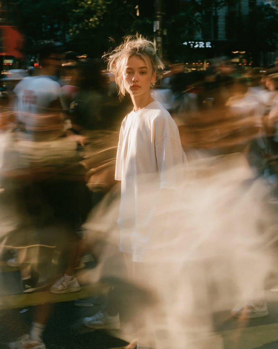 黄昏时分温暖胶片风格的街头人像，年轻女性完美锐利、纹丝不动地站立，神情安静自信，晒成浅亚麻色的金发，身着简约白色服饰，周围匆匆涌动的人群消融为长曝光留下的幽灵…
