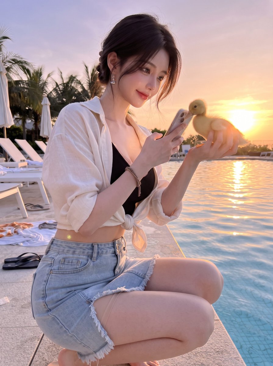一位女子，在温暖夏夜的微风拂过水面的氛围中，侧身蹲在泳池边，一只手举着手机（屏幕光映照着她的锁骨），另一只手轻轻捧着一只毛茸茸的小鸭，小鸭好奇地将头歪向镜头…