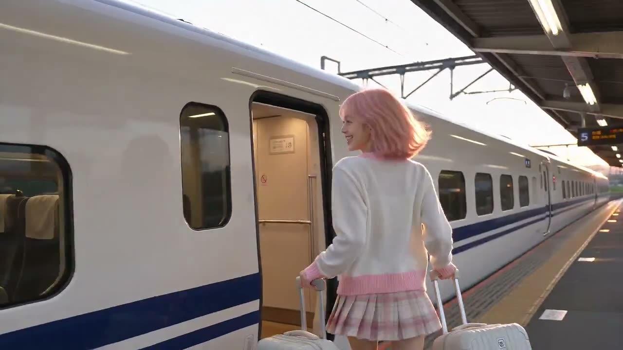 火车车窗旅行日记 一位开朗的年轻女子（@ image）带着相机登上日本新干线列车，开始她的一天。她坐在窗边，拍摄飞速掠过的城市、河流、山脉和稻田等美丽风景。旅…