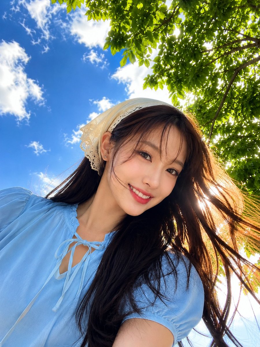 超写实生活风格人像，捕捉一位美丽的年轻东亚女性，从戏剧性的低角度手持自拍视角拍摄，背景是充满柔和白云的鲜艳钴蓝色夏日天空。她对着镜头温暖地微笑，表情柔和自然，营造出清新迷人的氛围…