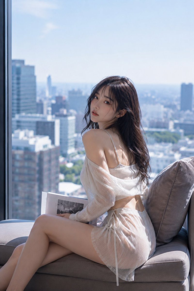 主題： 夏の窓辺 主体： 高層マンションの大きな窓際に置かれたライトグレーのソファへ横向きに腰掛ける20代女性。人物は画面中央やや右に配置され、上半身から太ももまでが画面の約65…