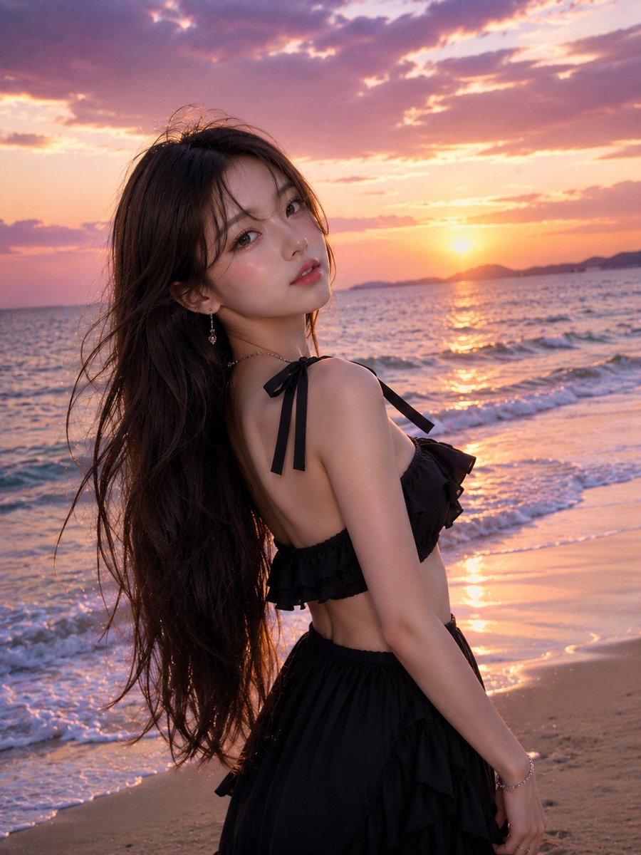 超写实海滩日落人像:一位美丽的年轻女子,留着丝般柔顺的深棕色长发,肌肤柔软并泛着光泽,在黄金时段伫立于海岸线旁。她身穿一套优雅的黑色荷叶边两件套服装,肩部带有精致的系带细带,佩戴…