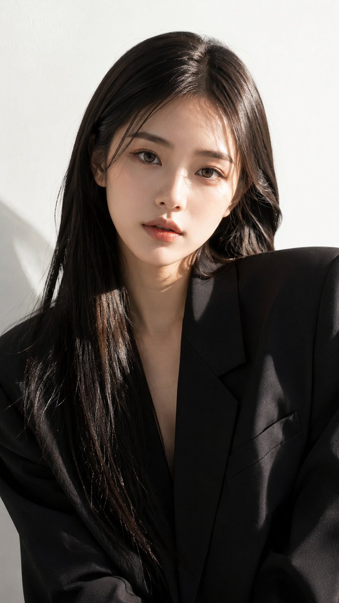使用参考图中的女孩，完整保留她的面部、身份、比例和整体外观。超写实 9:16 胸部以上时尚编辑人像。她微微歪头坐姿，目光直视镜头，表情平静自信。长发顺直有光泽，中分整齐利落。身穿…