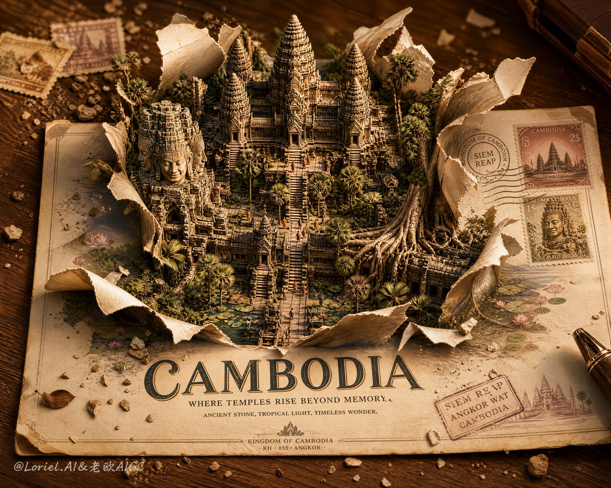 两个地标，多个地标的拼凑，风景叠加在明信片之上，扁平剪影式地标，透视不匹配，纸张僵硬，卡纸撕边生硬，突出感微弱，卡通微缩模型，伪造的纸张纹理，建筑细节不足，字体难以辨认，构图杂乱…