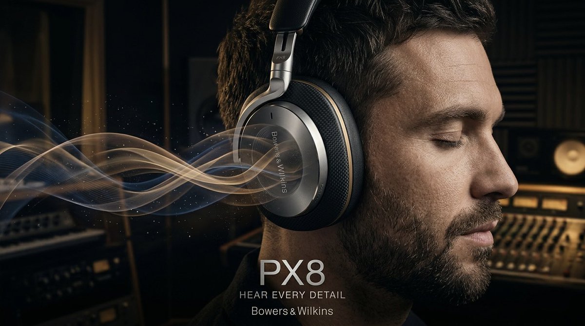宝华韦健 Bowers & Wilkins Px8 奢华无线耳机超高端电影级广告海报。深邃沉浸式录音棚环境中一位气质高雅的音乐家的极致微距特写肖像。耳机占据画…