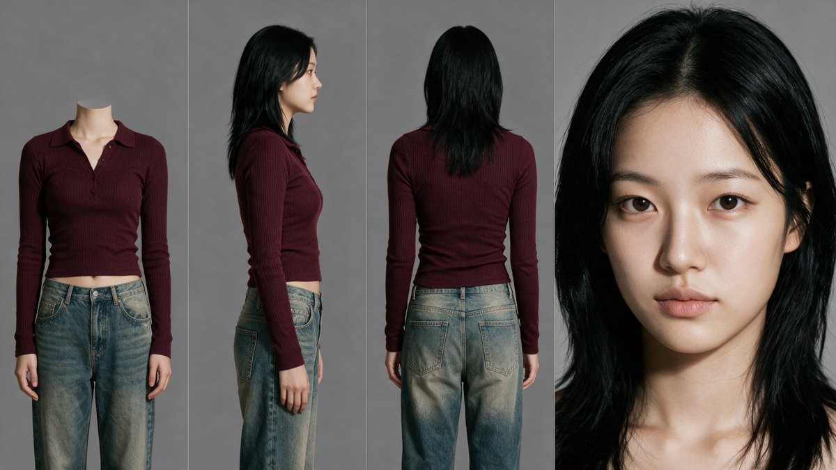 [图像提示词] 基于附上的参考图，创建一张干净的、照片写实的四格角色参考表。 采用横向宽布局，分为四个等大竖向面板，面板之间有细而干净的分隔线。完全保留参考图中所示的角色身份、身…
